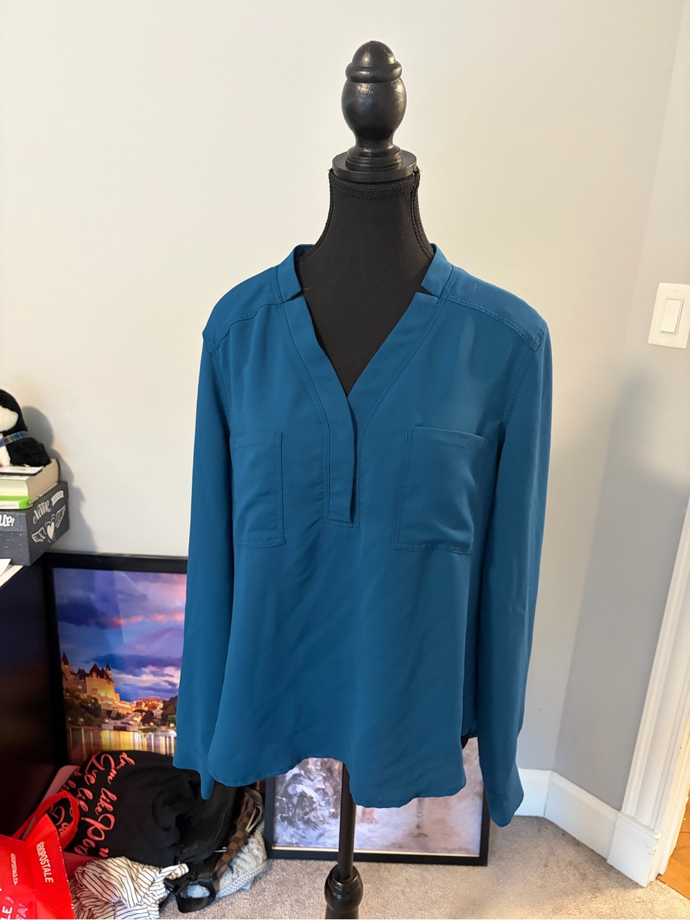 Nine West Teal Split-Neck Long Sleeve Blouse